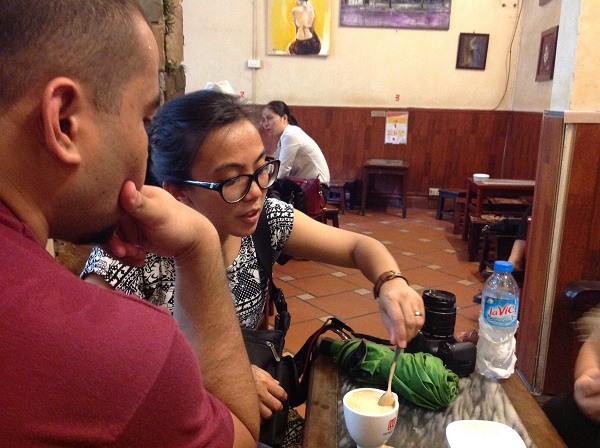 Our 4 Clients from the Philippines are having chicken egg coffee on their travel north Vietnam Hanoi