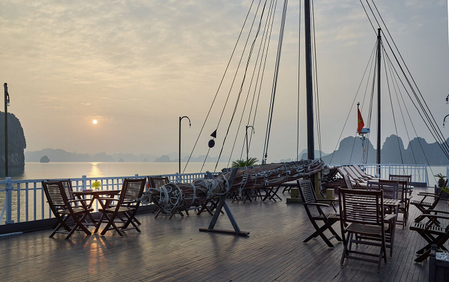 Sundesk on 4star Garden Bay Legend cruise on your Vietnam tour Halong bay