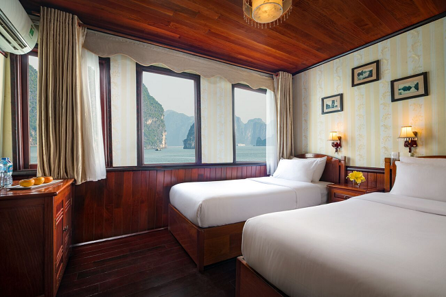 Twin cabin on 4star Garden Bay Legend cruise on your tour Halong bay