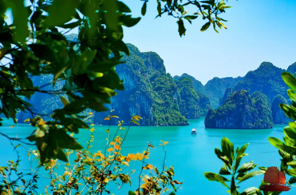 Sunset over the serene open water of Halong Bay with silhouetted luxury yachts.