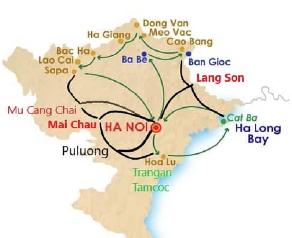 North Vietnam travel map for Hanoi Halong bay Sapa tour 